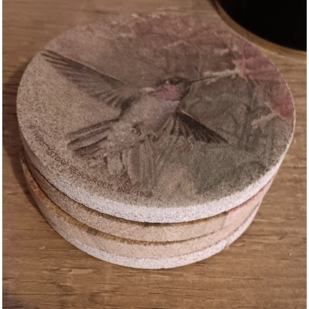 Hummingbird Stone Coasters Set of 4 Round Sandstone Cork Back Floral Drink